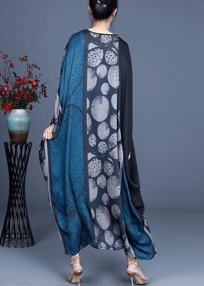 Blue Retro V Neck Patchwork Summer Robe Dresses Bat Wing Sleeve