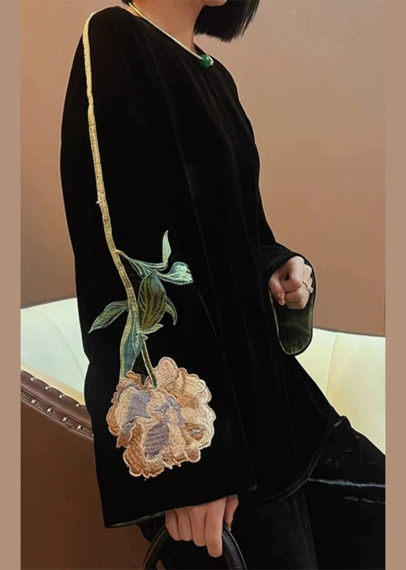 Black Embroideried Patchwork Velour Tops Fall