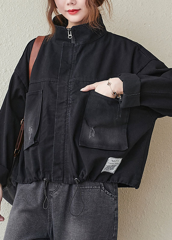 Black Pockets Zippered Drawstring Fall Denim Long Sleeve Coat