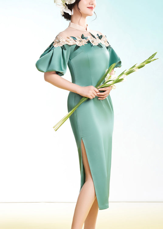 Top Quality Green Embroideried Side Open Silk Dress Puff Sleeve