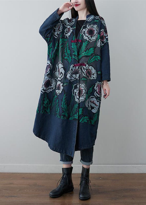 Denim Blue V Neck Patchwork Print Cotton Coats Spring