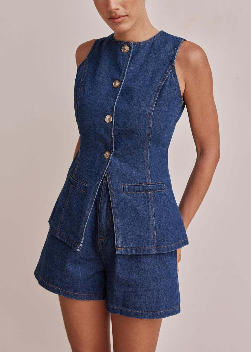 Navy Silm Fit Denim Two Piece Set Clothing Side Open Sleeveless