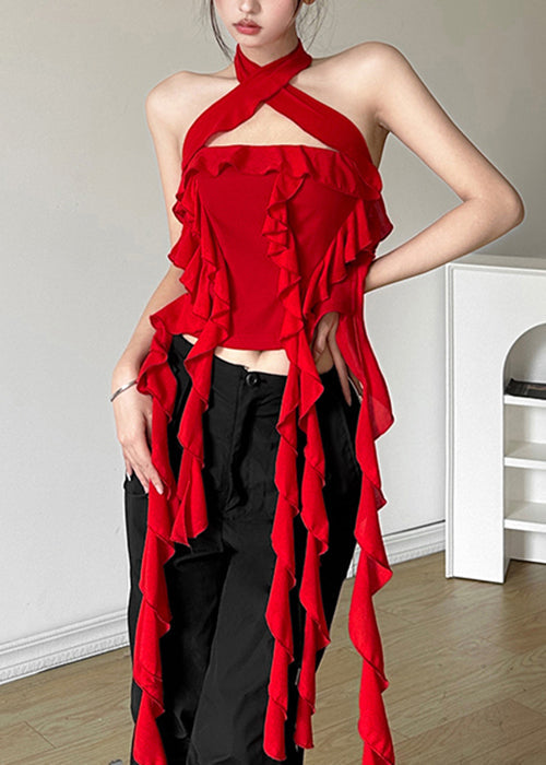 Red Backless Ruffled Cotton Tank Sleeveless