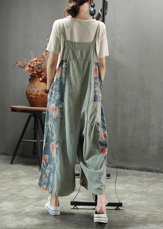 French Dark Color Print Patchwork Pockets Denim Outfits Rompers