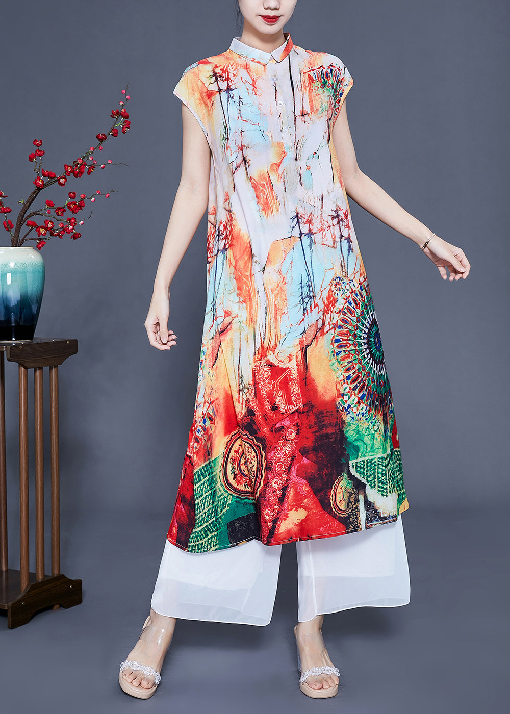 Beige Print Slim Fit Silk Long Dress Summer