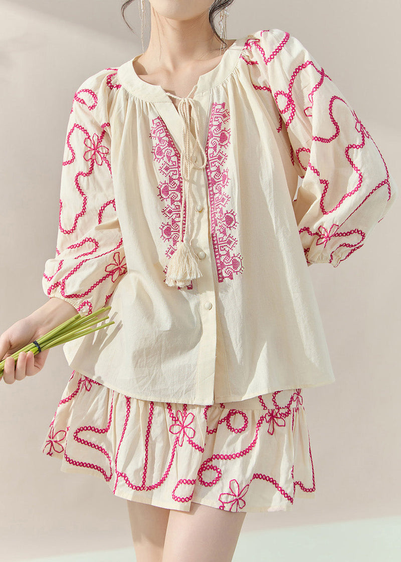 Natural Apricot O-neck Embroidered Top and Skirts Two-piece Set Fall