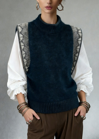 Jacquard Navy Cozy Patchwork Knit Vest Sleeveless