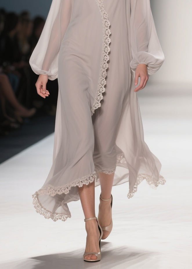 Apricot Lace Chiffon Maxi Dresses V Neck