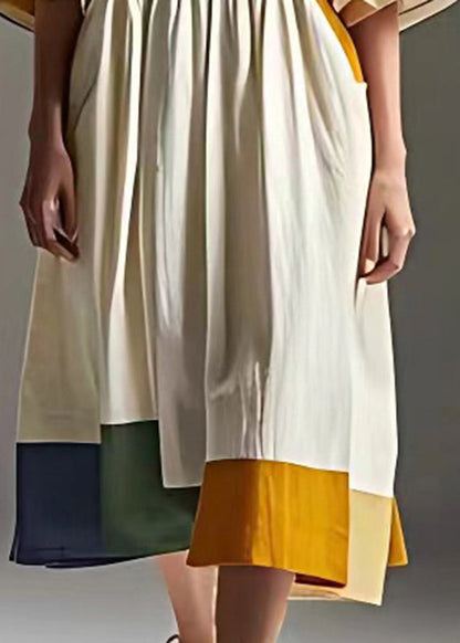 White Cinched Patchwork Cotton Vacation Dresses Summer