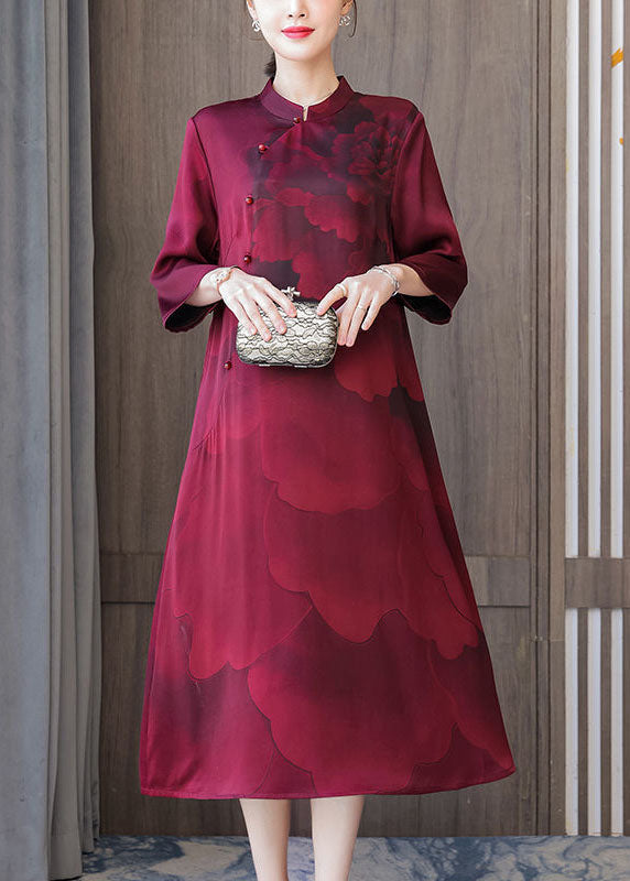 Red Stand Collar Print Silk Robe Dresses Bracelet Sleeve Spring