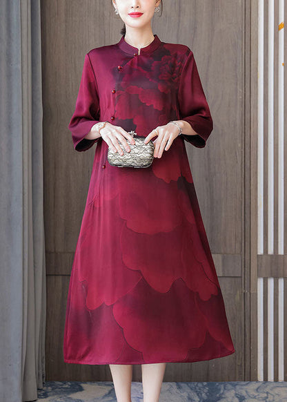 Red Stand Collar Print Silk Robe Dresses Bracelet Sleeve Spring