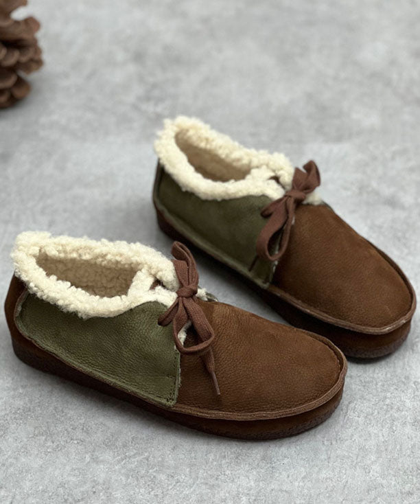 Chocolate Flat Shoes for Lace Up Fuzzy Wool Lined Flat Shoes for