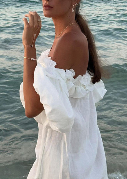 White Slash Neck Ruffled Side Open Cotton Vacation Dresses Puff Sleeve