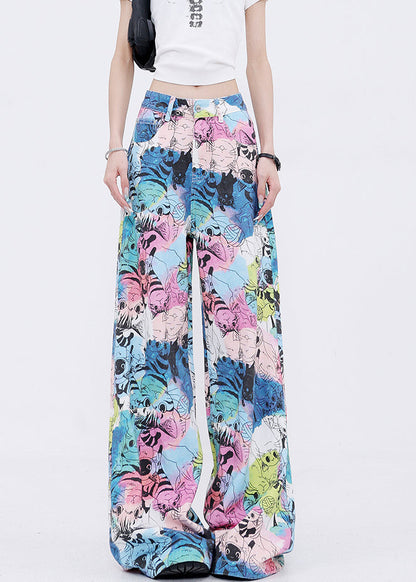 Pockets Cartoon Print Denim Wide Leg Pants Fall