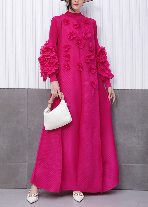 Rose Decorated Pleated Texture Maxi Dress Petal Sleeve