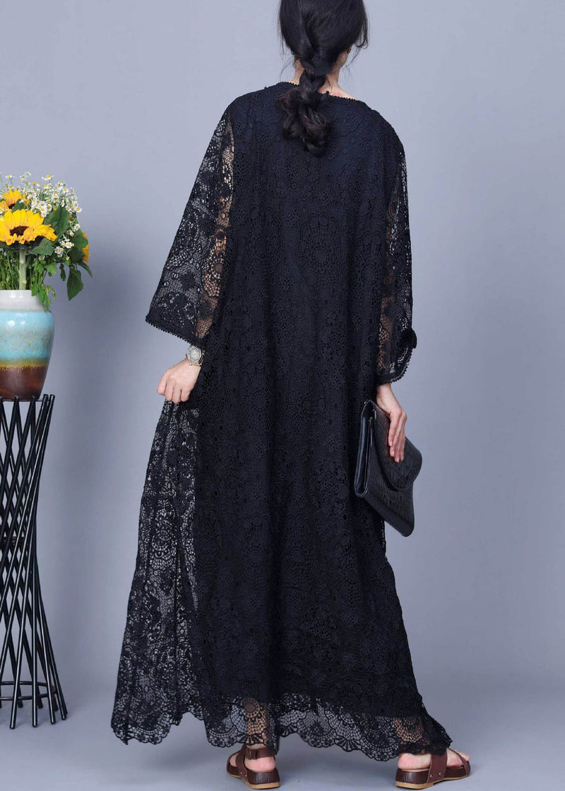 Black Hollow Out Patchwork Lace Long Dresses O-neck Long Sleeve