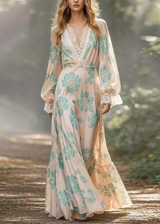 Apricot V Neck Print Patchwork Silk Maxi Dresses Spring