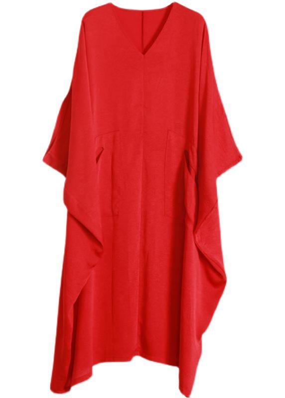 Unique Red Asymmetrical Design Batwing Sleeve Summer Chiffon Dress