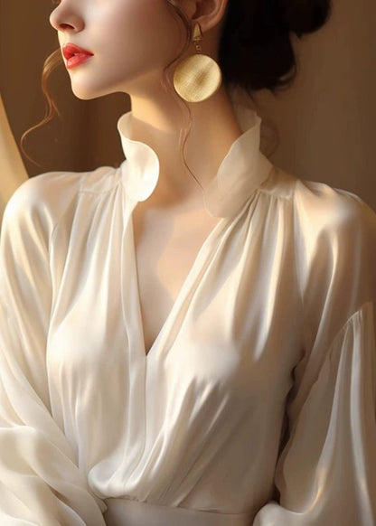 New Beige V Neck Spandex Top Long Sleeve