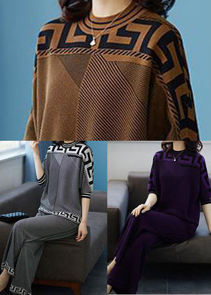 French Grey O-neck Striped Silk Sweatshirt Sets 2 Pieces Fall