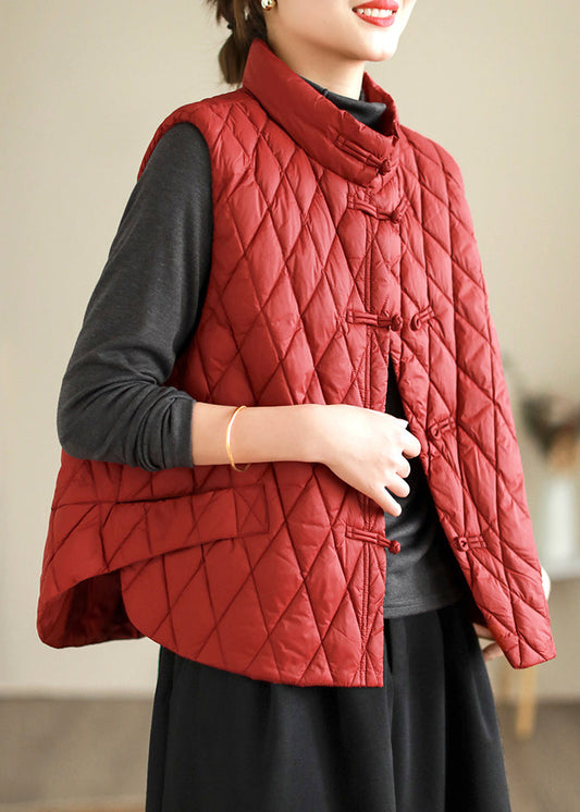 Simple Red Stand Collar Chinese Button Fine Cotton Waistcoat Sleeveless