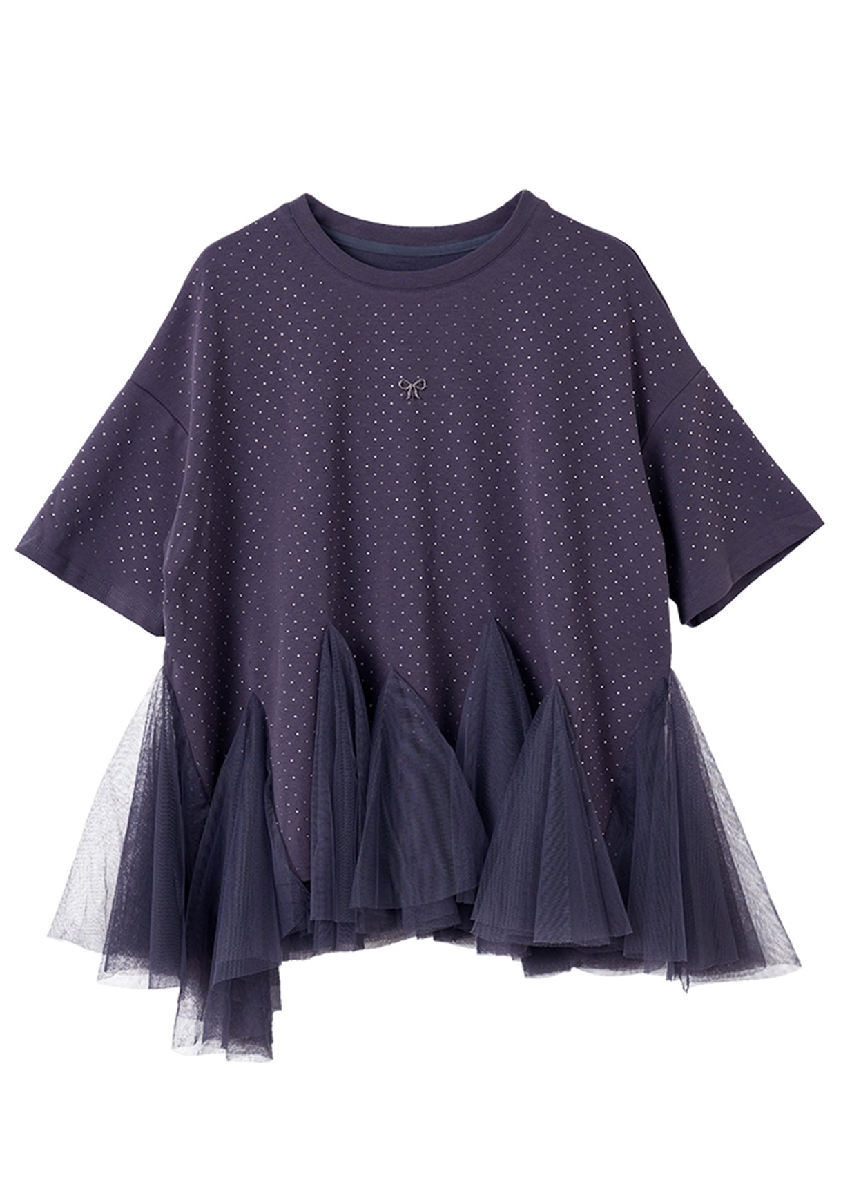Grey O-neck Tulle Patchwork Zirco Knit T Shirt Short Sleeve