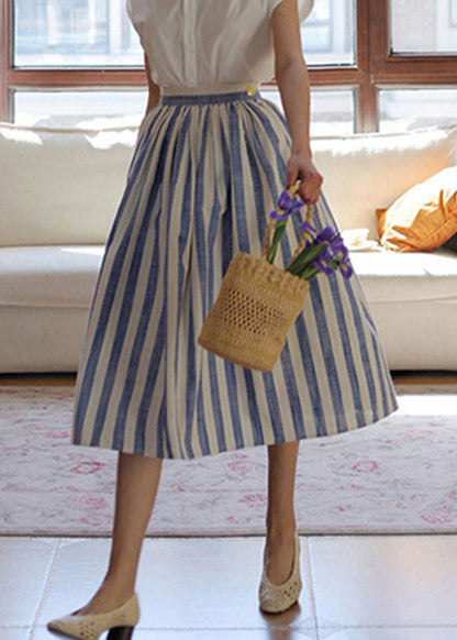 Fine Blue Striped Wrinkled High Waist Cotton Skirt Summer