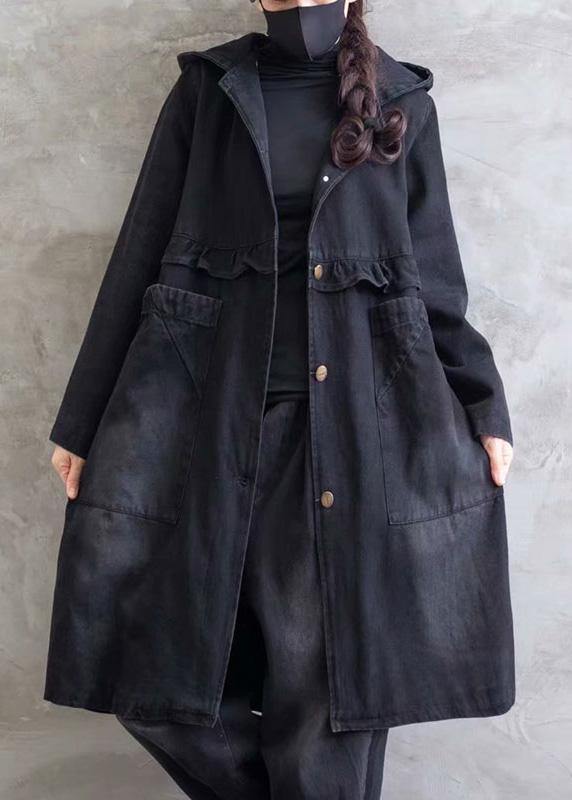 Overcoat Denim Black Hooded Ruffles Outwear