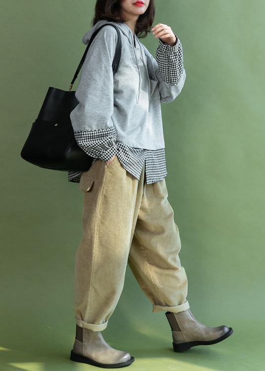 Grey Patchwork Plaid Hooded Fall Loose Loose Sweatshirt