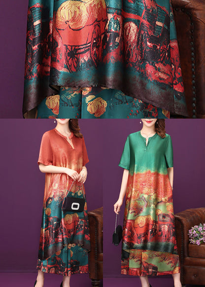 Red O-neck Print Silk Long Dress and Straight Pant Two Piece Set Summer