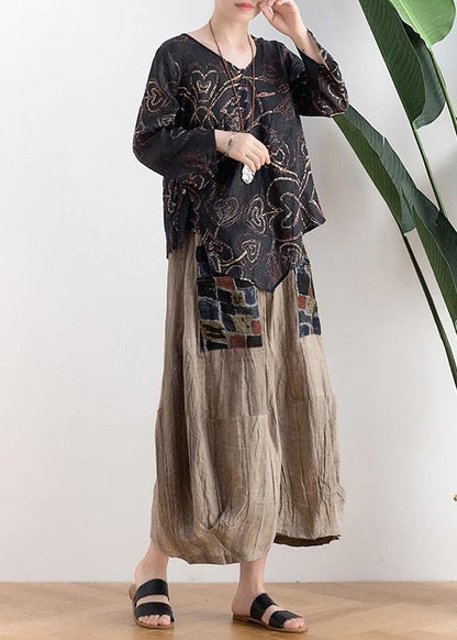 Black Print Asymmetrical Designlinen Summer Tops