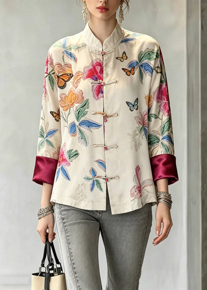 Beige Stand Collar Button Shirts Fall
