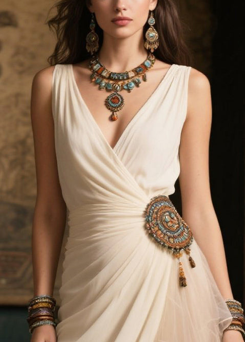 White Tasseled Side Open Tulle Vacation Dress Summer