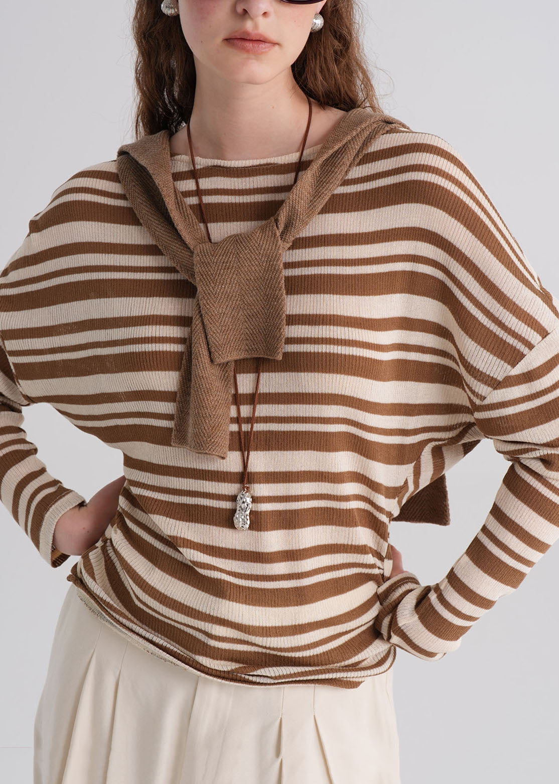 Brown O Neck Striped Knit Blouse Top Fall