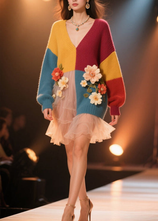 Colorblock V Neck Knit Sweater Dress Fall