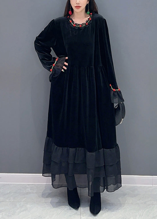 Black Tulle Patchwork Silk Velour Long Dresses Spring