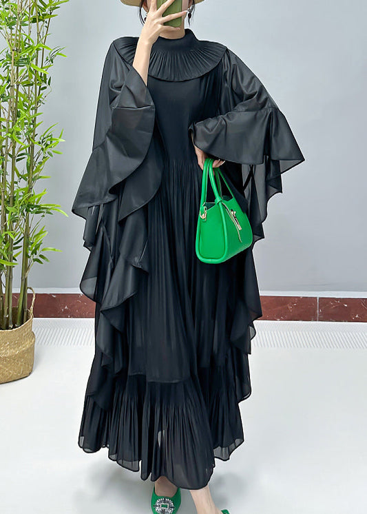 Loose Black Ruffled Cotton Dresses Butterfly Sleeve