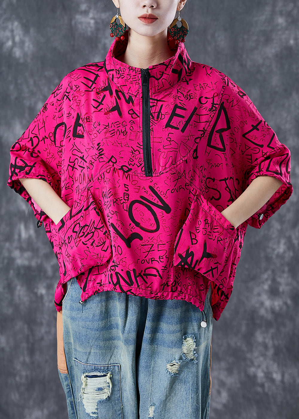 Rose Print Cotton Sweatshirt Oversized Drawstring Summer
