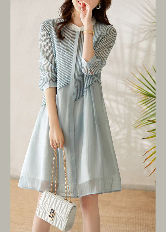 Blue O-neck Striped Patchwork Fake Two Pieces Button Long Dress Summer