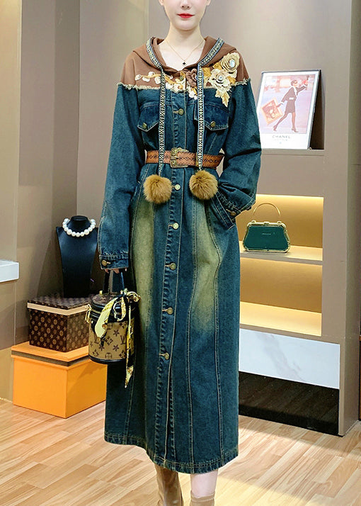 Hooded Sashes Patchwork Denim Shirts Dresses Spring