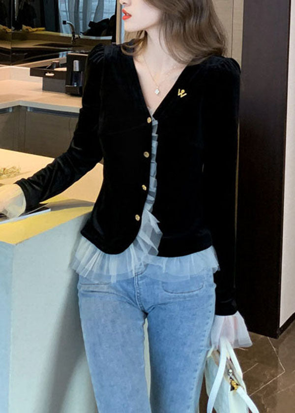 Classy Black V Neck Tulle Patchwork Velour Top Spring