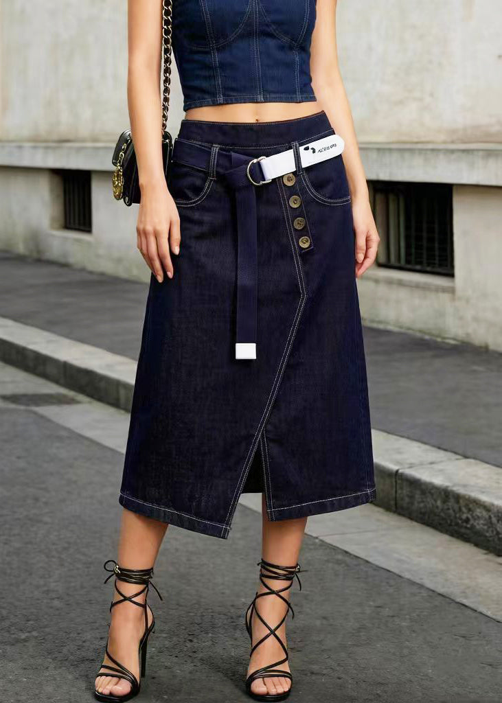 Navy Asymmetrical Side Open Denim Skirt Summer