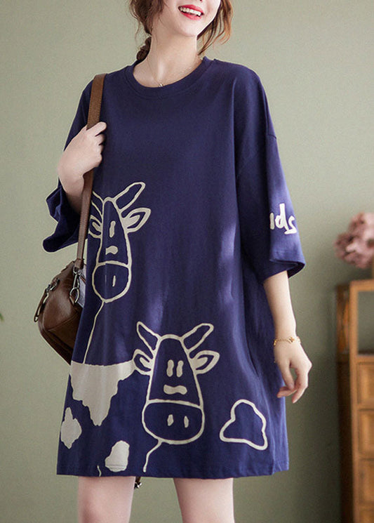 Blue O-neck Cow Print Cotton Vacation Dresses Short Sleeve