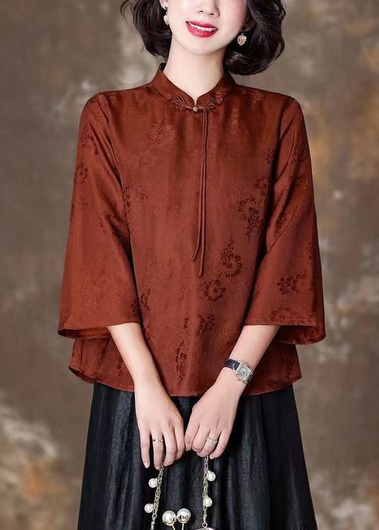Orange Stand Collar Tasseled Print Silk Shirt Tops Bracelet Sleeve