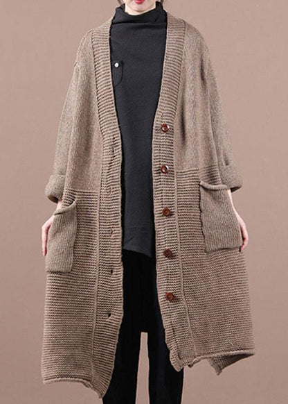 Chocolate V Neck Pockets Fall Long Sweater Coat