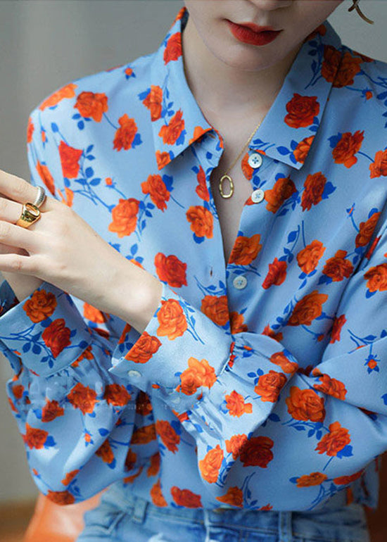 Blue Peter Pan Collar Button Print Chiffon Blouses Puff Sleeve