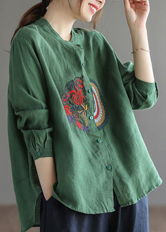 Green Embroideried Linen Shirt Top Long Sleeve