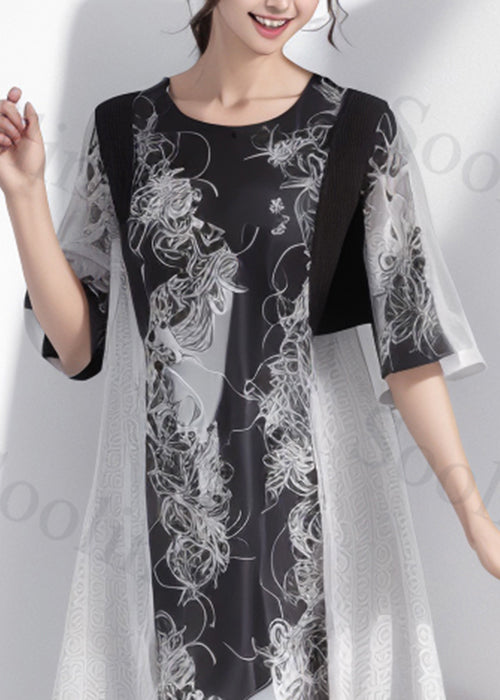 New Black Print Patchwork Silk Long Dresses Half Sleeve