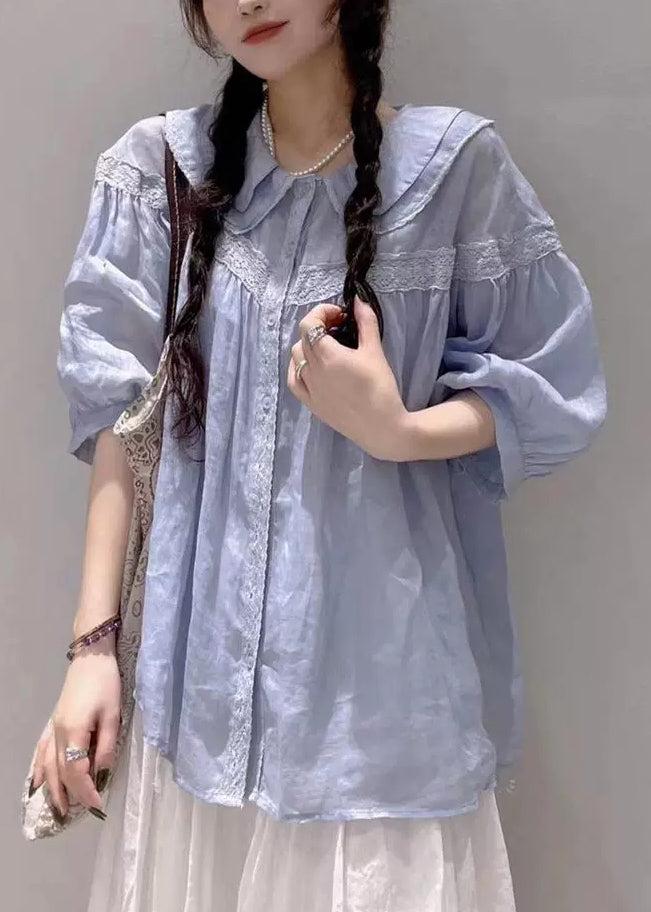 White Peter Pan Collar Lace Cotton Blouses Half Sleeve