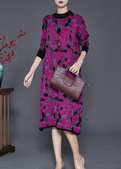 Purple Print Complimentary Scarf Long Knit Dress Fall